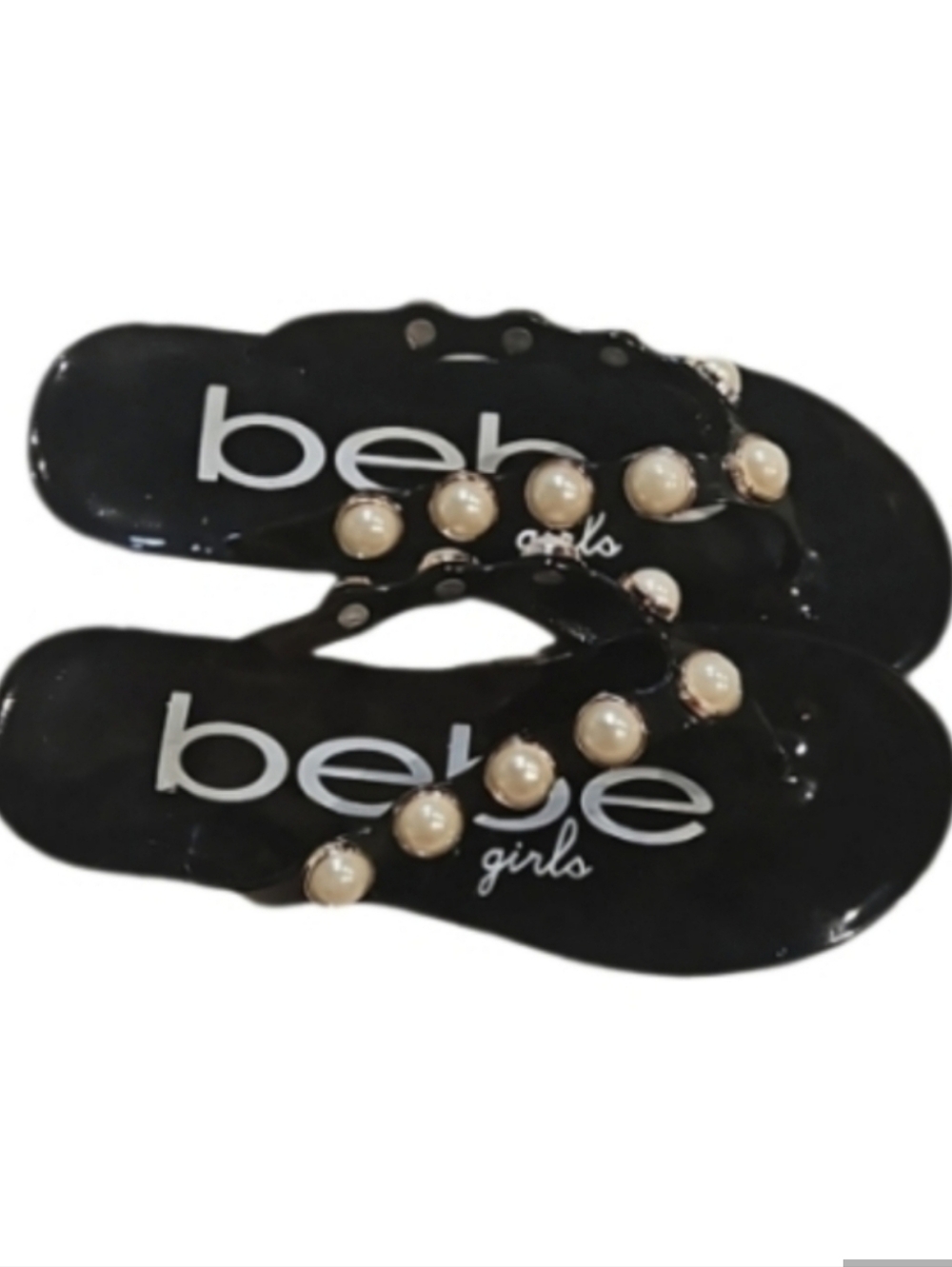 NEW! BEBE GIRLS Rubber Oversized Pearl Accent Flip Flops XL.